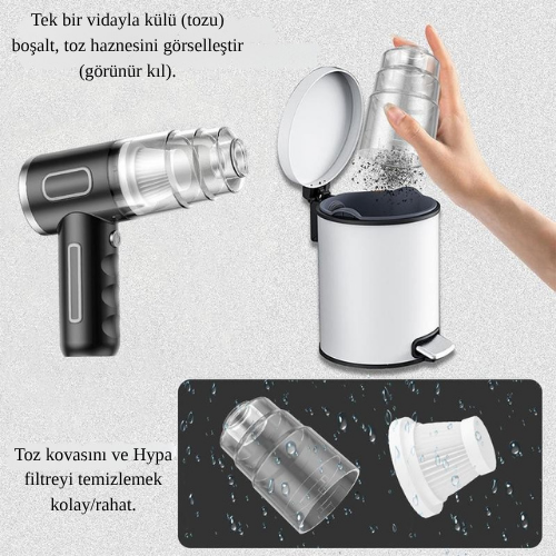 2'si 1 Arada | Yüksek Güçlü Type-C Şarjlı Kablosuz Araç ve Ev El Süpürgesi