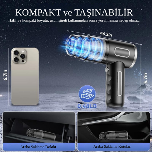 2'si 1 Arada | Yüksek Güçlü Type-C Şarjlı Kablosuz Araç ve Ev El Süpürgesi