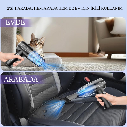 2'si 1 Arada | Yüksek Güçlü Type-C Şarjlı Kablosuz Araç ve Ev El Süpürgesi