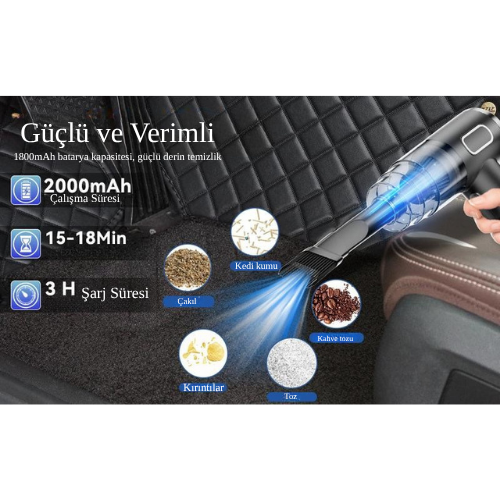 2'si 1 Arada | Yüksek Güçlü Type-C Şarjlı Kablosuz Araç ve Ev El Süpürgesi