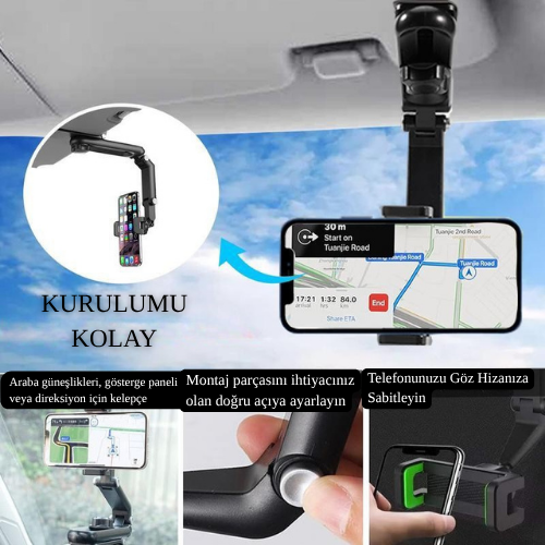 1080  ∘   Katlanabilir Çok Amaçlı Telefon Tutucu | Kaymaz Timsah Çene | Güneşlik, Dikiz Aynası, Direksiyon ve Masaüstü Uyumlu