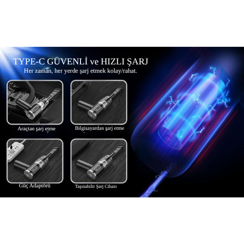 2'si 1 Arada | Yüksek Güçlü Type-C Şarjlı Kablosuz Araç ve Ev El Süpürgesi