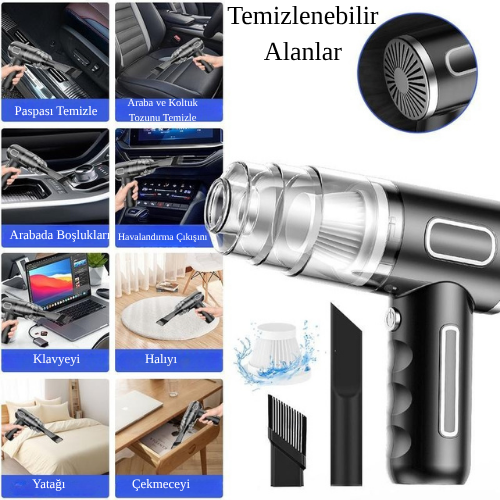 2'si 1 Arada | Yüksek Güçlü Type-C Şarjlı Kablosuz Araç ve Ev El Süpürgesi