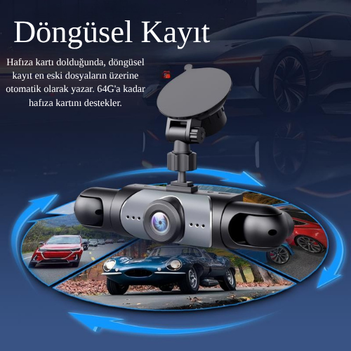 4 Lensli Araç Kamerası – 360° Görüş, 1080P Dash Cam, Gece Görüşlü 3/4 Kanallı Ön-Arka-Yan Kayıt